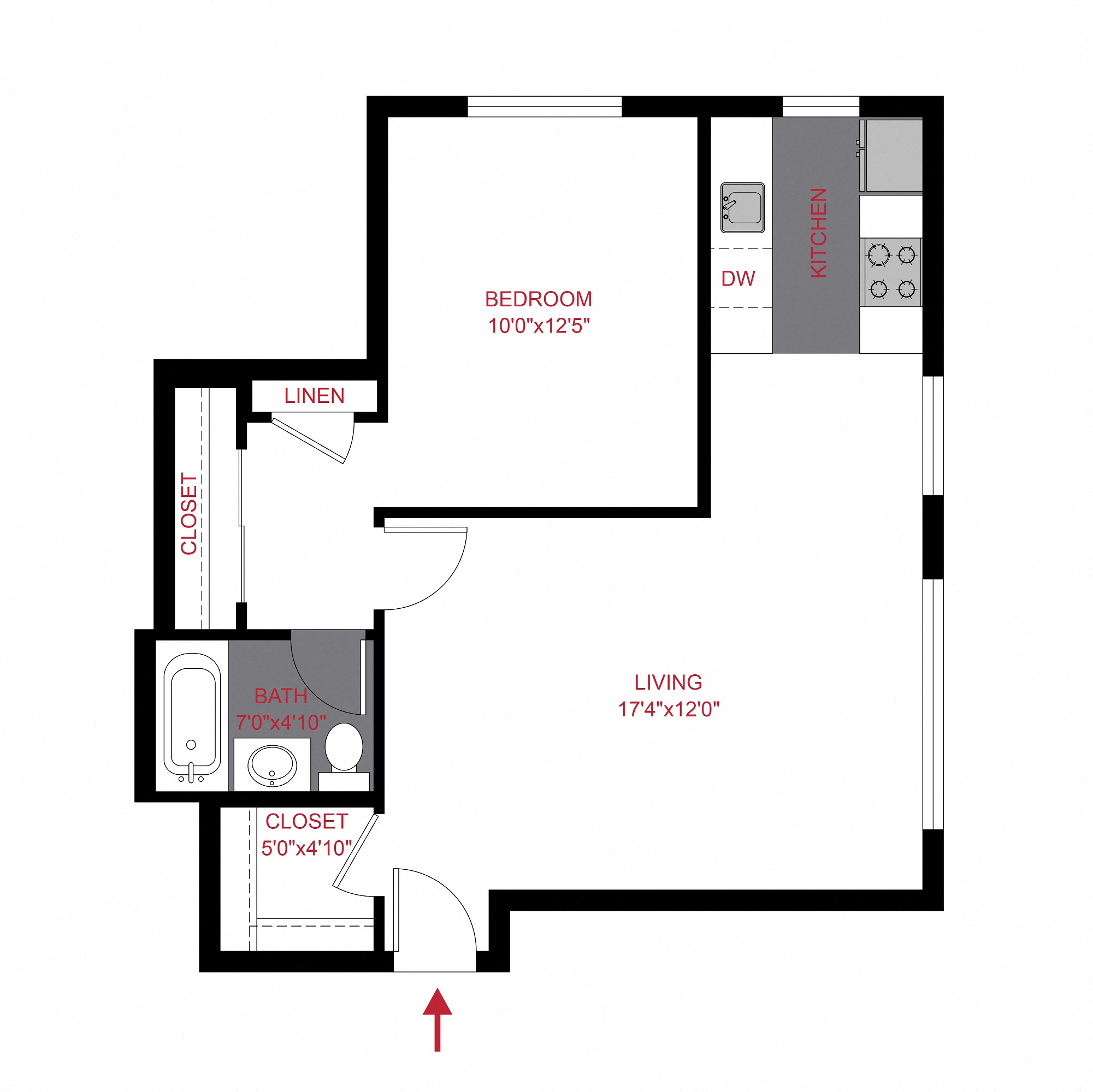 Floor plan for 1 bed, 1 bath, 555 sqft